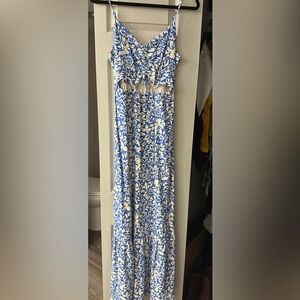 Blue and white floral long maxi dress with cut outs